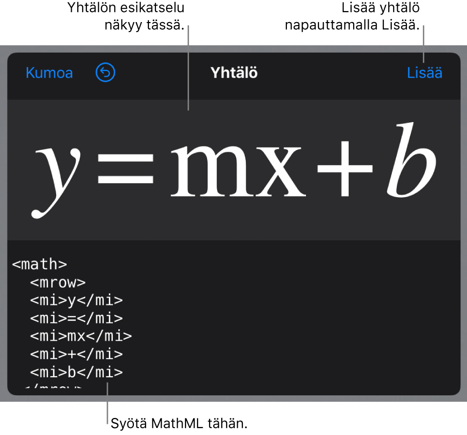 MathML-koodi suoran kulmakertoimen yhtälölle ja yllä kaavan esikatselu.