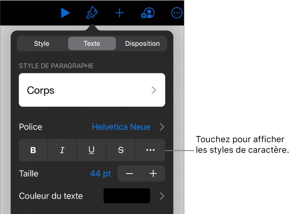 Les commandes de Format avec les styles de paragraphes en haut, puis les commandes de Police. Sous Police se trouvent les boutons Gras, Italique, Souligné, Barré et Plus d’options de texte.