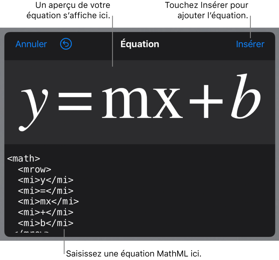 Code MathML de l’équation de la pente d’une droite et aperçu de la formule en haut.