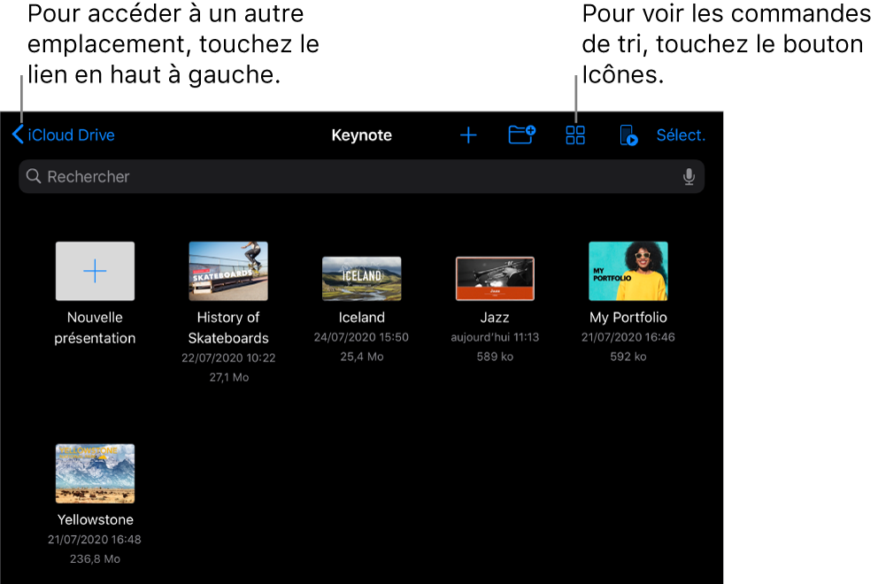 La présentation de navigation du gestionnaire de présentations avec un lien d’emplacement dans le coin supérieur gauche et un champ de recherche en dessous de celui-ci. Dans le rang situé en dessous du champ de recherche se trouvent le bouton d’ajout de dossier ; des boutons permettant de filtrer par nom, par date, par taille, par type ou par tag ; ainsi que le bouton permettant de basculer entre les présentations par liste et par icône. En dessous de ce rang se trouvent le bouton Créer une présentation situé en regard des vignettes de présentations existantes. En bas de l’écran se trouvent les boutons Récents et Parcourir.