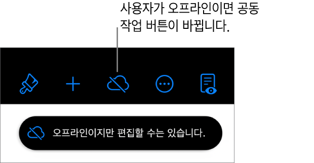 상단에 여러 버튼이 있고 공동 작업 버튼이 대각선이 있는 구름으로 바뀜. ‘오프라인이지만 편집할 수는 있습니다.’라는 경고가 화면에 있음.