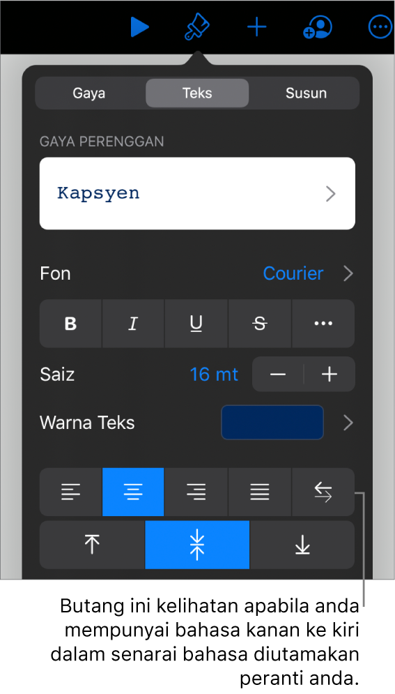 Kawalan teks dalam menu Format dengan petak bual ke butang Kiri ke Kanan.