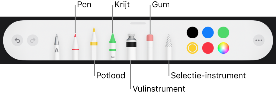 De knoppenbalk voor tekenen met een pen, potlood, krijt, vulinstrument, gum en selectie-instrument en een kleurenvak met de huidige kleur.