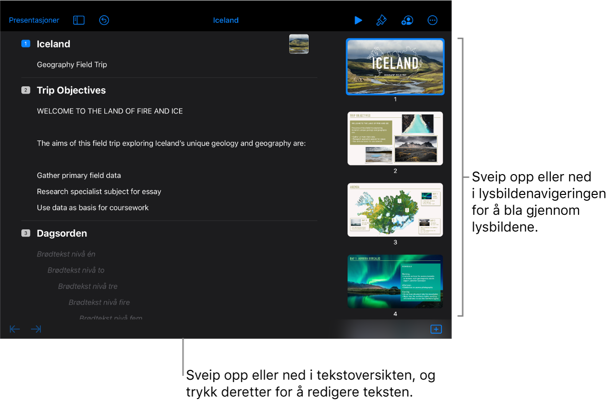 Disposisjonsvisning med en tekstdisposisjon av en presentasjon til venstre på skjermen og den vertikale lysbildenavigeringen til høyre.