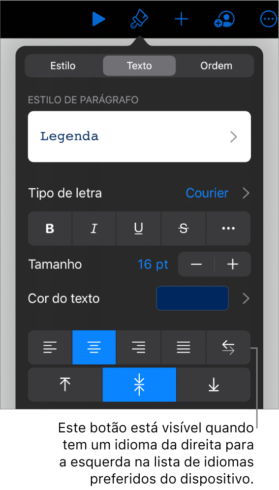 Controlos de texto no menu Formatação com uma chamada para o botão “Da esquerda para a direita”.