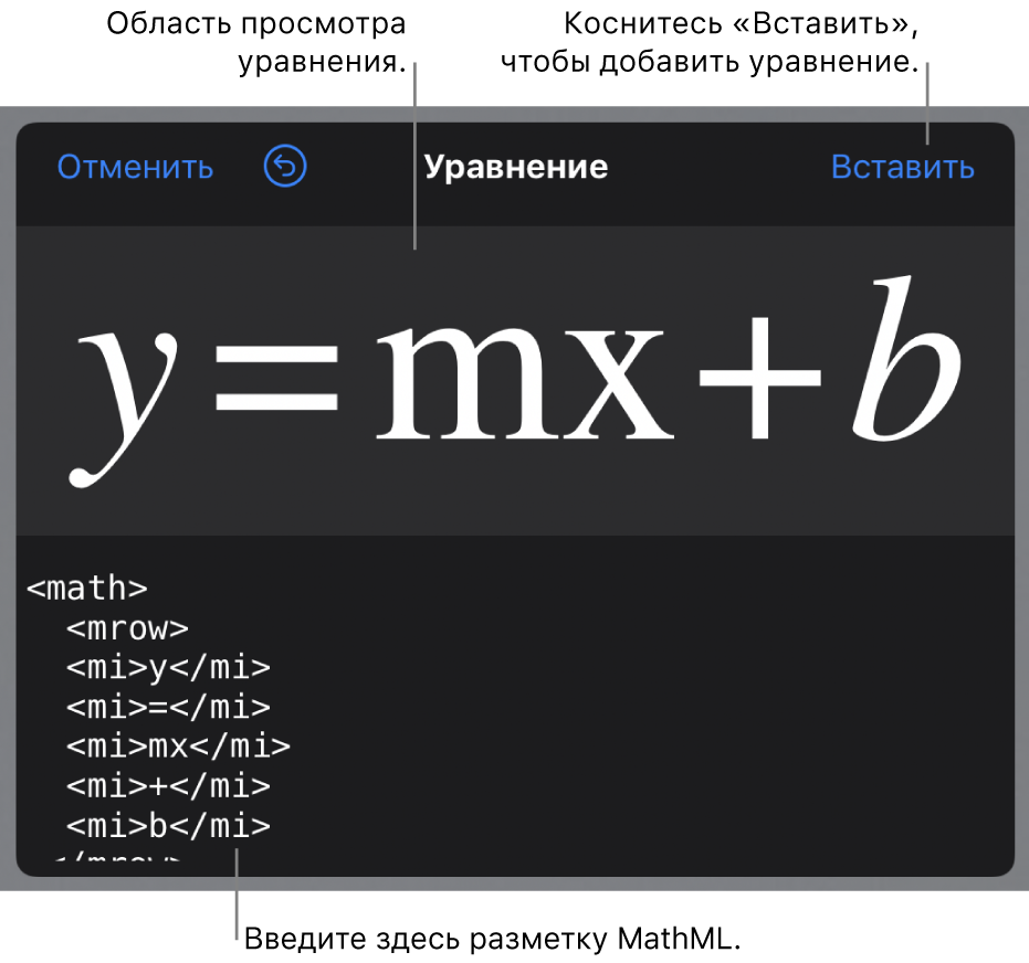 Код MathML для уравнения прямой с угловым коэффициентом и предварительный просмотр формулы выше.