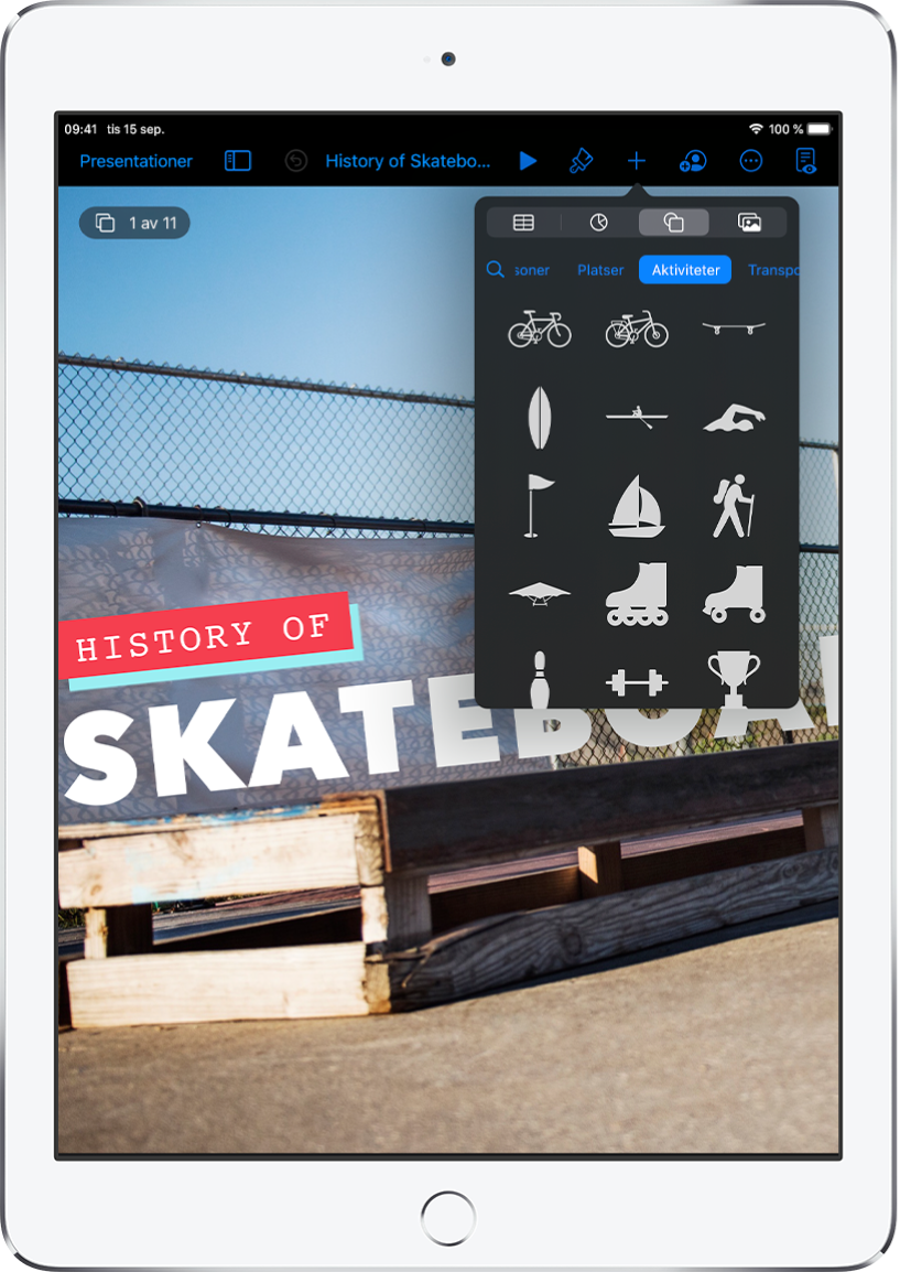 Infogningsmenyn med knapparna överst för att lägga till tabeller, diagram, former och media. Form är markerad och menyn visar en lista med kategorier och en sökknapp till vänster. Kategorin Aktiviteter är markerad och former visas nedanför.