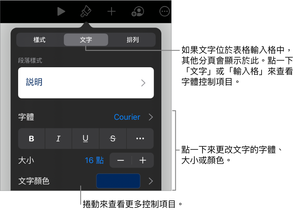 「格式」選單中設定段落及字元樣式、字體、大小和顏色的文字控制項目。