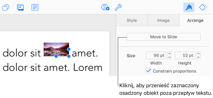 Zaznaczony jest osadzony obraz w polu tekstowym, a przycisk Przenieś na slajd jest widoczny na karcie Uporządkuj na pasku bocznym.