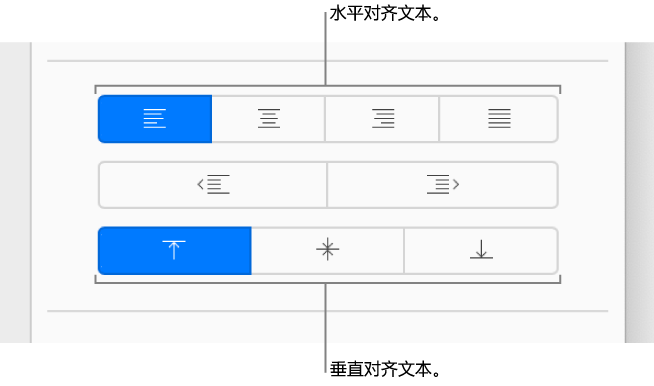 「格式」側邊欄中的垂直和水平文字對齊按鈕。