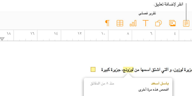 تمت إضافة تعليق إلى بعض أجزاء النص في المستند؛ وتم تمييز النص، وتظهر علامة مربعة في الهامش الأيمن.