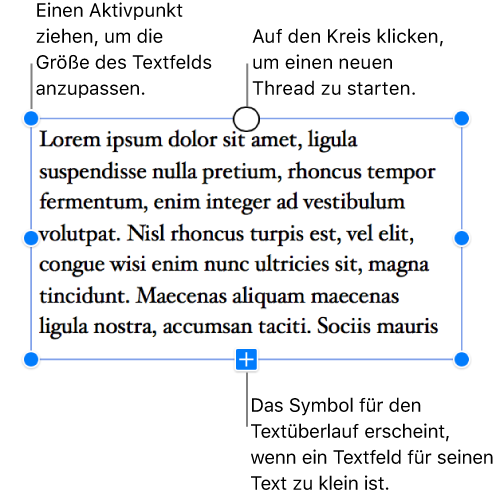 Ein Textfeld mit blauen Aktivpunkten um das Feld herum, um anzuzeigen, dass es ausgewählt ist. Unten ein Symbol für den Textüberlauf, das anzeigt, dass es umzubrechenden Text gibt, und ein Kreis oben, auf den du klicken kannst, um eine neue Verkettung zu starten.