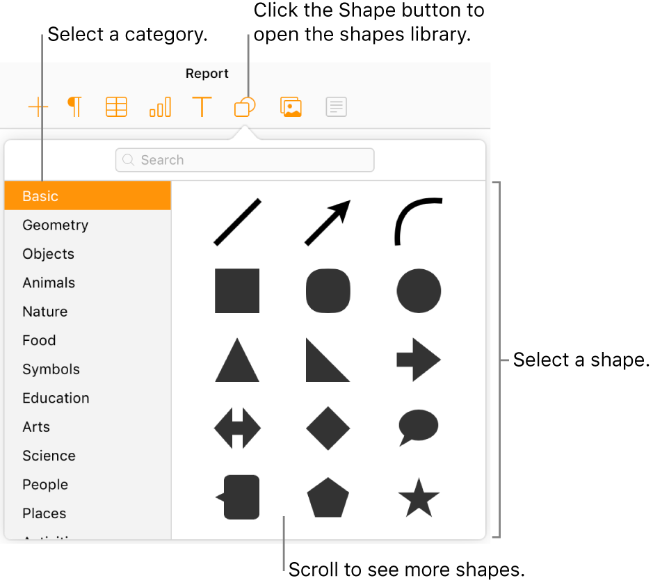 The shapes library is open below the Shape button in the toolbar. The Basic category is selected on the left, and some common shapes (including circles, squares, and lines) are displayed on the right.