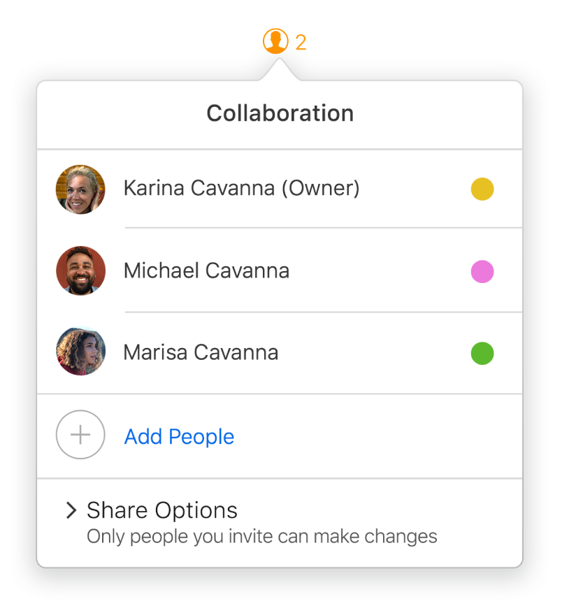 The Collaboration menu showing the names of people collaborating on the document. Share options are below the names.