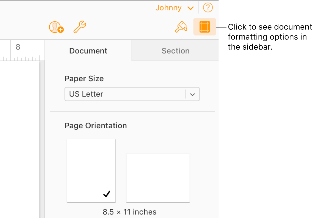 The Document button is selected in the toolbar, and controls for changing the paper size and orientation appear in the Document tab of the sidebar.