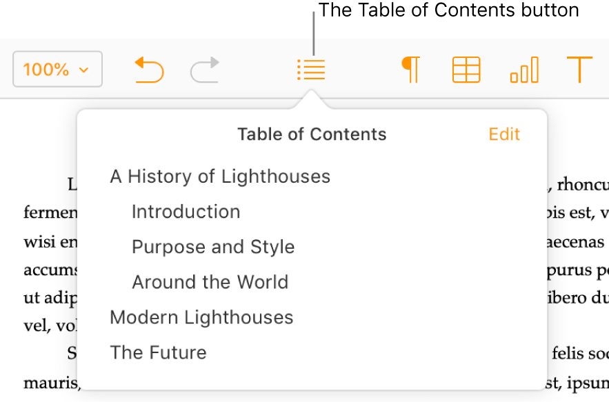 The Table of Contents button in the toolbar; the table of contents is open and has two entries, the title of the document and the Introduction heading.