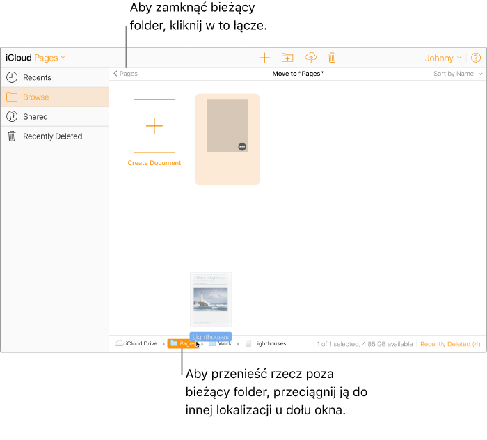 Folder jest otwarty, a dokument w folderze jest przeciągany do folderu Pages na dole okna.