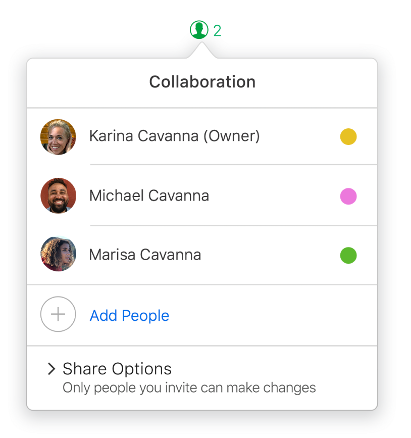 The Collaboration menu showing the names of people collaborating on the spreadsheet. Share options are below the names.