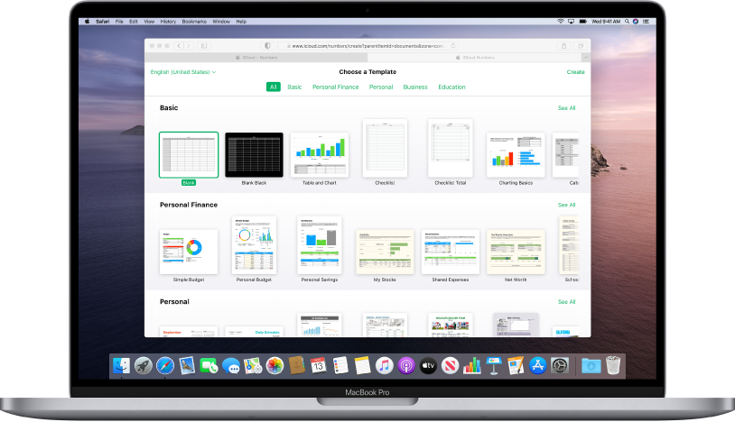 The template chooser is open and shows a range of sample spreadsheets to choose from.