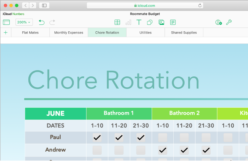 The top left portion of a spreadsheet shows five sheet tabs; the Chore Rotation sheet is selected, and a table with chore information appears on the sheet.