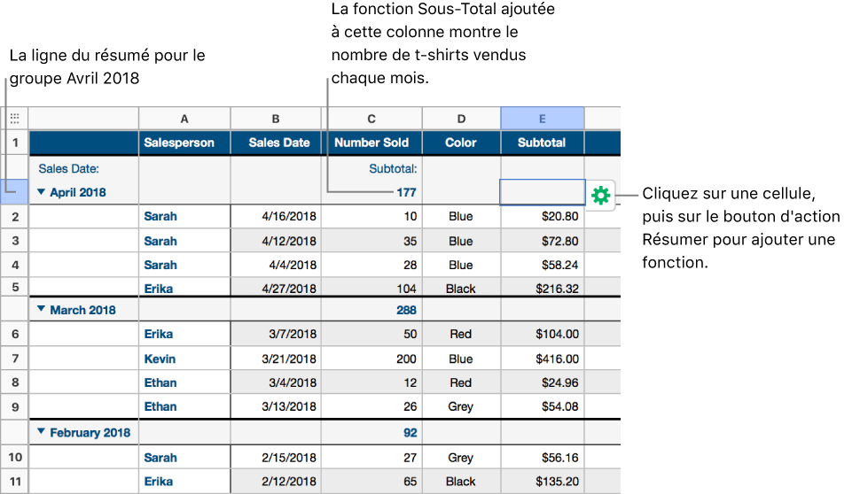 Tableau trié par date de vente. Les rangs sont regroupés par mois et par année (les valeurs communes de la colonne source). Dans la colonne de résumé, une fonction sous-total indique combien de t-shirts ont été vendus tous les mois.