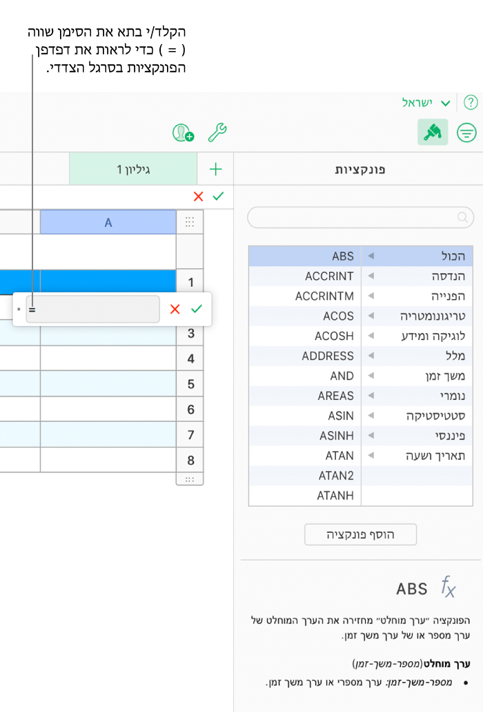 עורך הנוסחאות מופיע מעל תא עם סימן שוויון בתוכו, ודפדפן הפונקציות בסרגל הצדדי מציג את הפונקציות הזמינות. תיאור של הפונקציה שנבחרה מופיע מתחת לפונקציות בסרגל הצדדי.