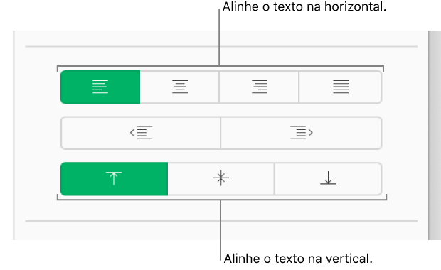 Os botões de alinhamento de texto vertical e horizontal na barra lateral Formatar.
