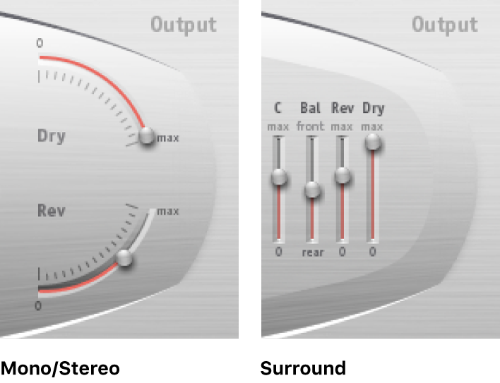 The Space Designer output controls, shown for stereo and surround modes.