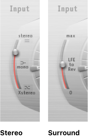 The Space Designer Input slider, shown in stereo and surround modes.