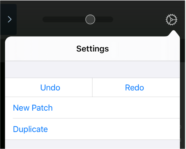 Figure. Settings menu showing New Patch and Duplicate touch areas.