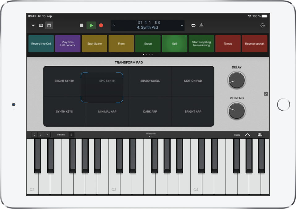 Logic Remote, som viser prosjektet som spilles av.