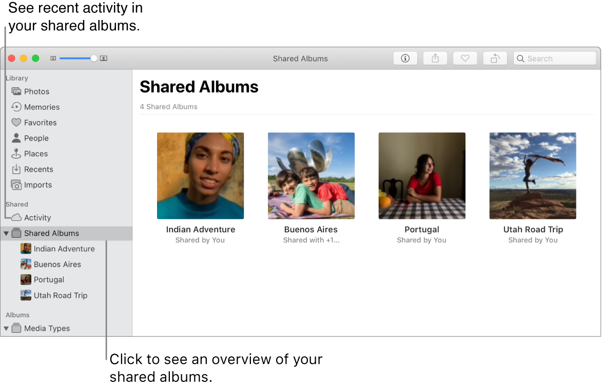 The Photos app on Mac. There is a line pointing to Activity in the sidebar with the callout: “See recent activity in your shared albums.” Shared Albums is selected in the sidebar with the callout: “Click to see an overview of your shared albums.”