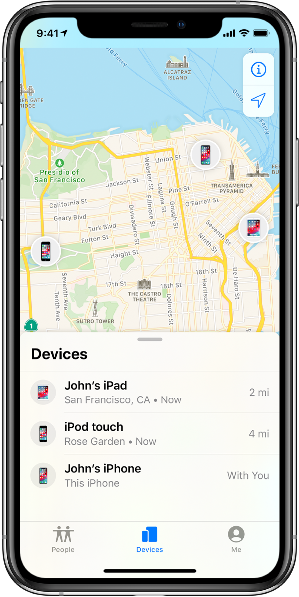 The Find My app open on an iPhone. There are three devices in the Devices list: John’s iPad, iPod touch, and John’s iPhone. Their locations are shown on a map of San Francisco.
