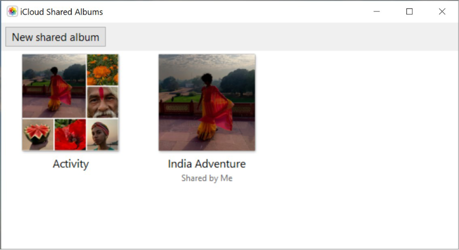 The iCloud Shared Albums window from iCloud for Windows. Two albums are visible: Activity and India Adventure. India Adventure has “Shared by Me” under the title.
