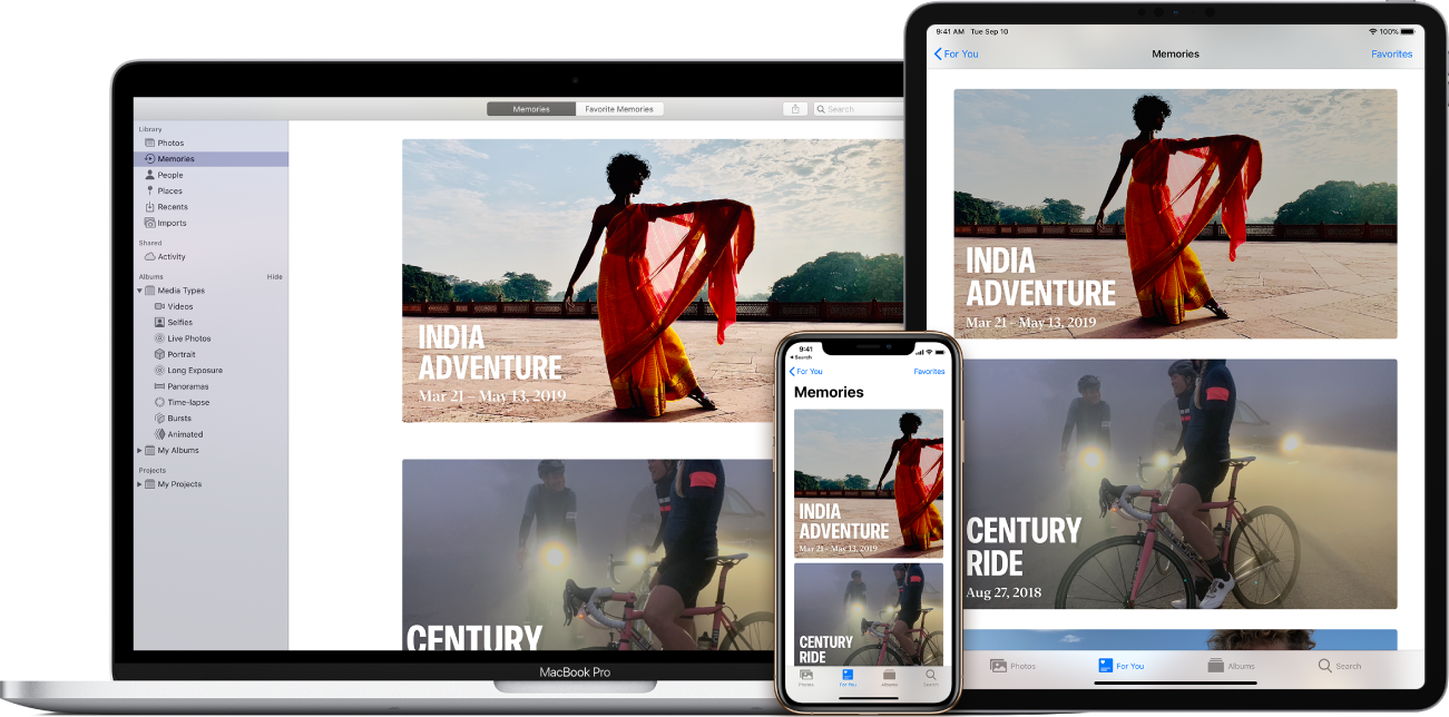 Um MacBook Pro, iPad e iPhone com a app Fotografias aberta. Cada um deles mostra as mesmas duas Memórias: Aventura na Índia e Viagem ao passado.