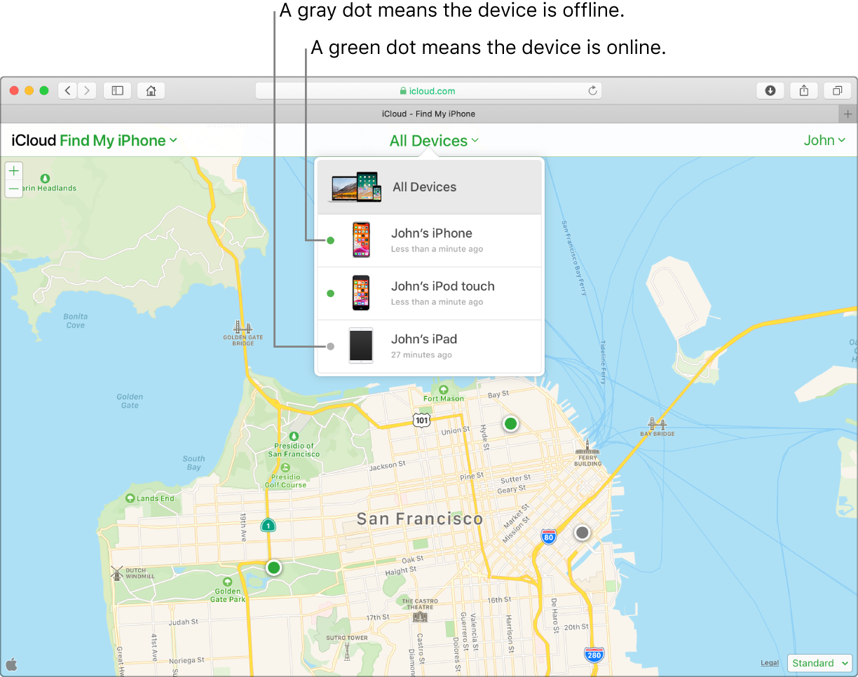 在 Mac 的 Safari 上,開啟了 iCloud.com 的「尋找我的 iPhone」。三藩市地圖上顯示了三部裝置的位置。John 的 iPhone 和 iPod touch 已連線並以綠點表示。John 的 iPad 已離線並以灰點表示。