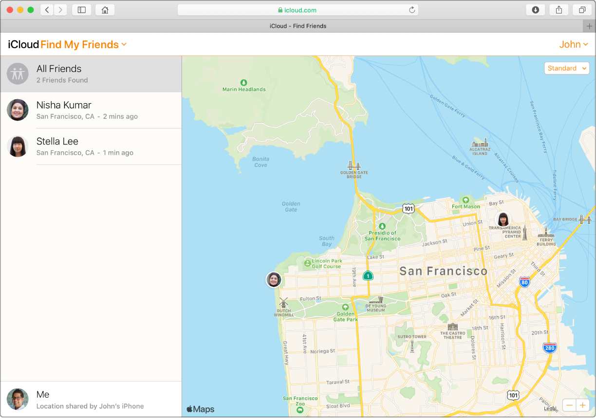 Mac 的 Safari 上開啟了 iCloud.com 的「尋找我的朋友」功能。有兩位朋友(Nisha Kumar 與 Stella Lee)的位置顯示在舊金山地圖上。
