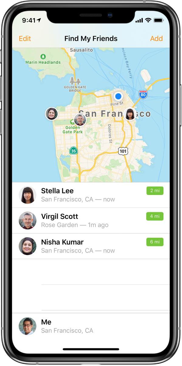 Ouvrez l’app Localiser mes amis sur un iPhone. La position géographique de trois amis apparaît sur un plan de San Francisco : Stella Lee, Virgil Scott et Nisha Kumar.
