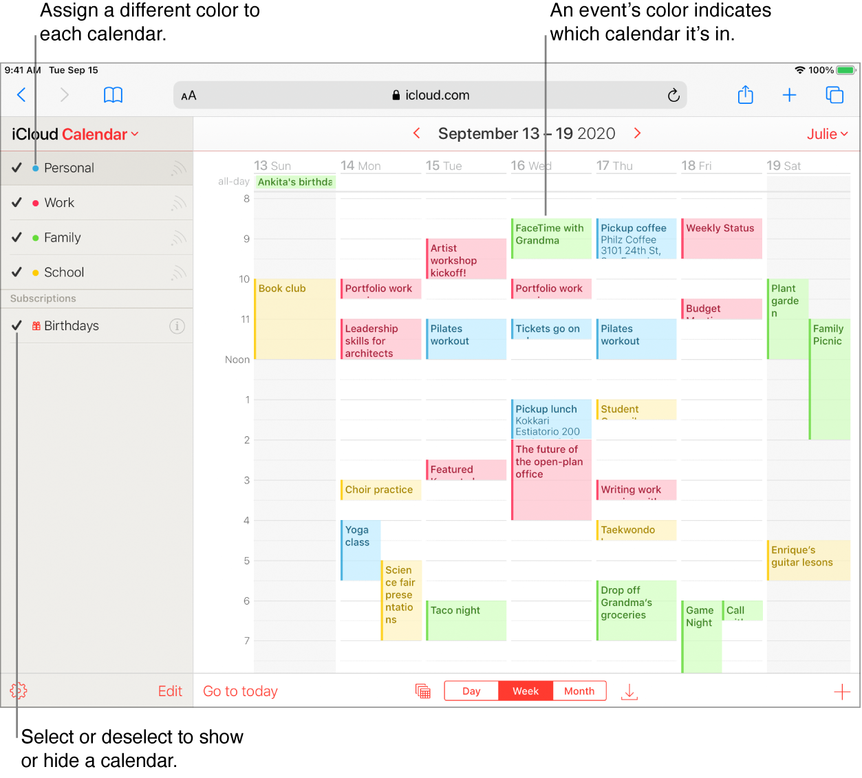 Das Fenster „iCloud Kalender“ mit mehreren angezeigten Kalendern. Weise jedem Kalender eine unterschiedliche Farbe zu. Anhand der Farbe eines Ereignisses ist ersichtlich, zu welchem Kalender es gehört. Aktiviere bzw. deaktiviere die Häkchen, um einen Kalender ein‑ oder auszublenden.