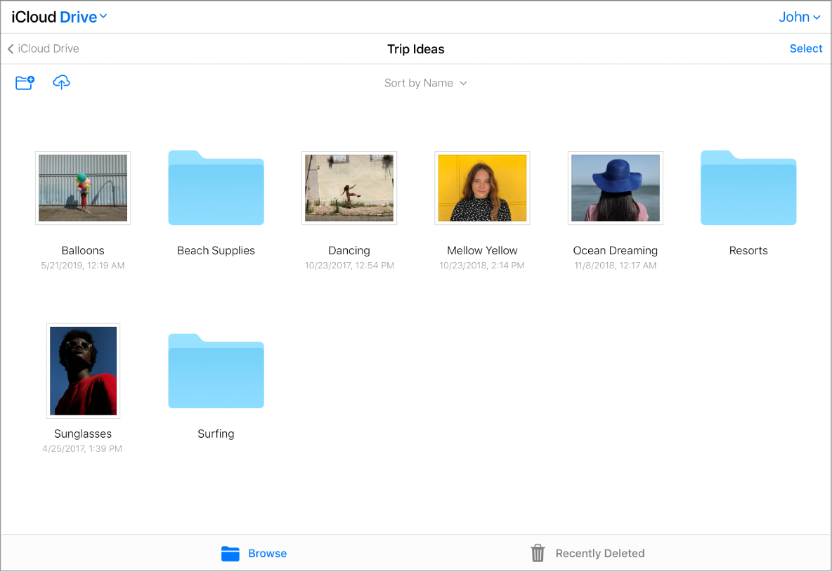 An iCloud Drive folder called “Trip Ideas” contains photos and subfolders.