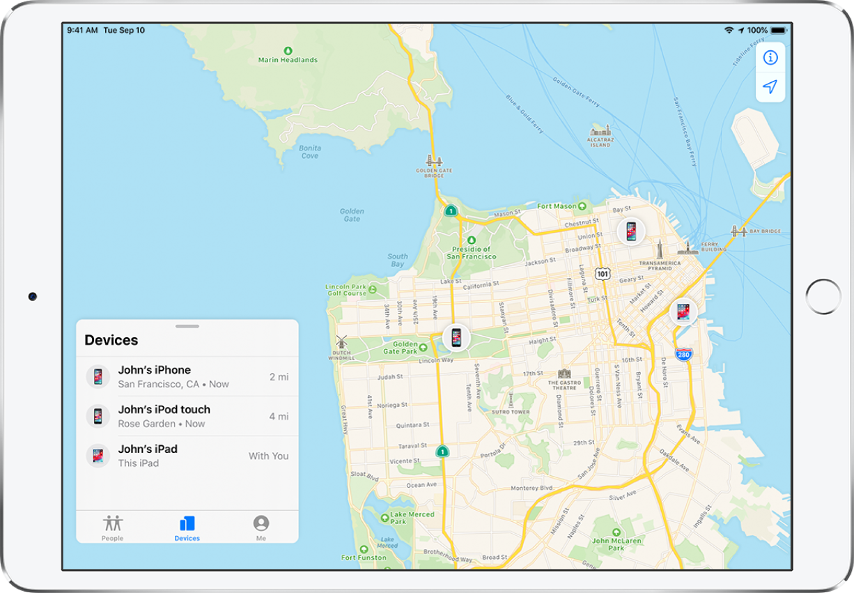 App Localiser ouverte sur un iPad. Trois appareils figurent dans la liste Appareils : l’iPhone, l’iPod touch et l’iPad de John. Leurs positions sont indiquées sur un plan de San Francisco.