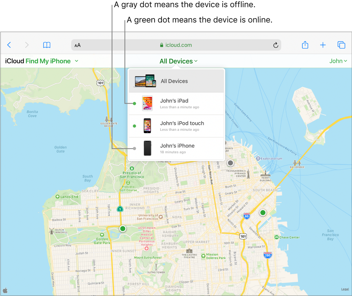 在 iPad 上的 Safari 浏览器中打开的 iCloud.com 上的“查找我的 iPhone”。旧金山地图,其中显示了三台设备的位置。John 的 iPad 和 iPod touch 都处于在线状态,并用绿色圆点表示。John 的 iPhone 处于离线状态,并用灰色圆点表示。