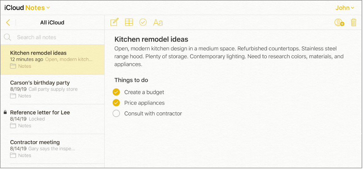 An iCloud note with the title “Kitchen remodel ideas”. It includes a checklist called “Things to do” with two items checked off.
