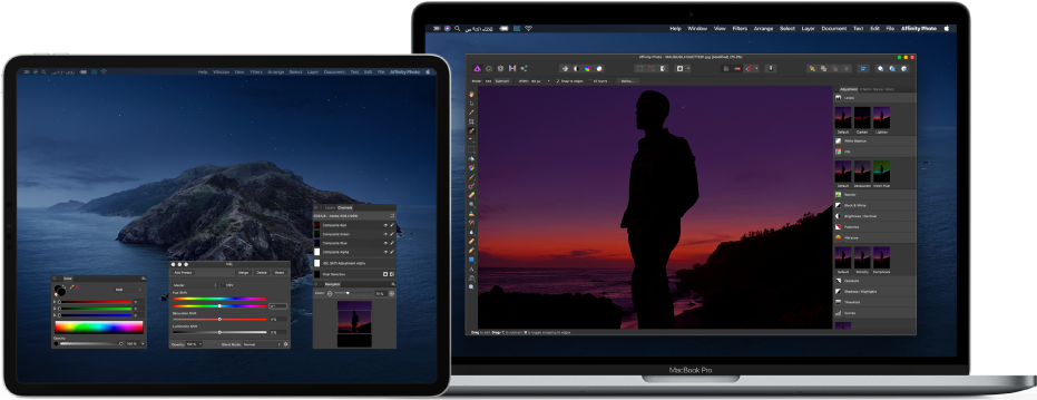 كمبيوتر MacBook Pro بجوار جهاز iPad Pro. يظهر على سطح مكتب الـ Mac النافذة الرئيسية لتطبيق خاص بتحرير الصور، ويظهر على الـ iPad نوافذ إضافية مفتوحة من التطبيق لمهام تحرير الصور المعقدة.