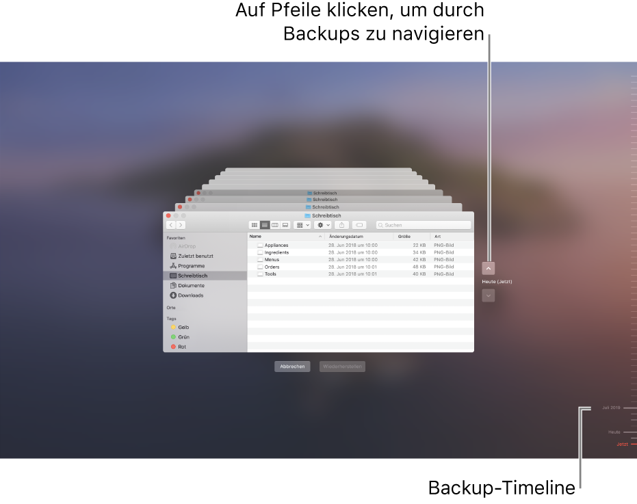 Beim Öffnen von Time Machine ist die Anzeige auf dem Bildschirm verzerrt und es sind mehrere gestapelte Finder-Fenster für die Backups zu sehen. Klicke auf die Pfeile, um in den Backups zu navigieren (oder klicke rechts auf die Backup-Timeline) und wähle die Dateien für die Wiederherstellung aus.