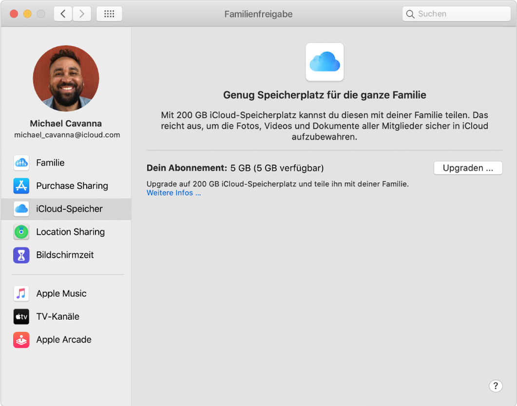 Systemeinstellung „Familienfreigabe“ mit einer Seitenleiste der verschiedenen Typen von Accountoptionen, die du verwenden kannst, und Einstellungen unter „iCloud-Speicher“ eines vorhandenen Accounts