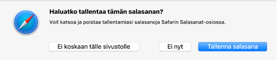 Valintaikkuna, joka kysyy, haluatko tallentaa verkkosivuston salasanan.