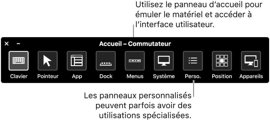 Le panneau d’accueil de Contrôle de sélection fournit des boutons permettant de contrôler, de gauche à droite, le clavier, le pointeur, l’app, le Dock, la barre des menus, les commandes système, les sous-fenêtres personnalisées, la position de l’écran ainsi que d’autres appareils.