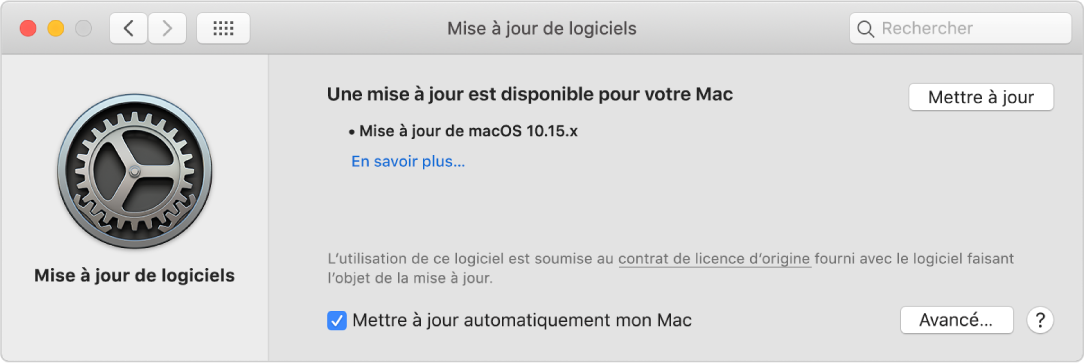 Les préférences Mises à jour de logiciels indiquant qu’une mise à jour est disponible.