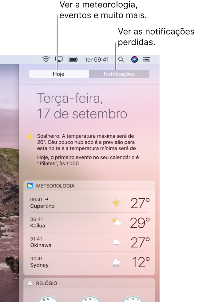 A vista Hoje a apresentar a meteorologia em três locais. Clique no separador Notificações para ver as notificações que estejam pendentes.